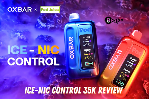 Review of the OXBAR x Pod Juice Ice-Nic Control 35K, showcasing its adjustable ice and nicotine levels with vibrant color options